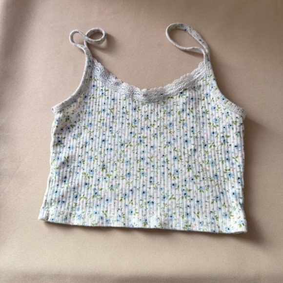 Brandy Melville White Blue Floral Lace Trim Ribbed Cotton Cami Tank Top Small - Picture 5 of 6